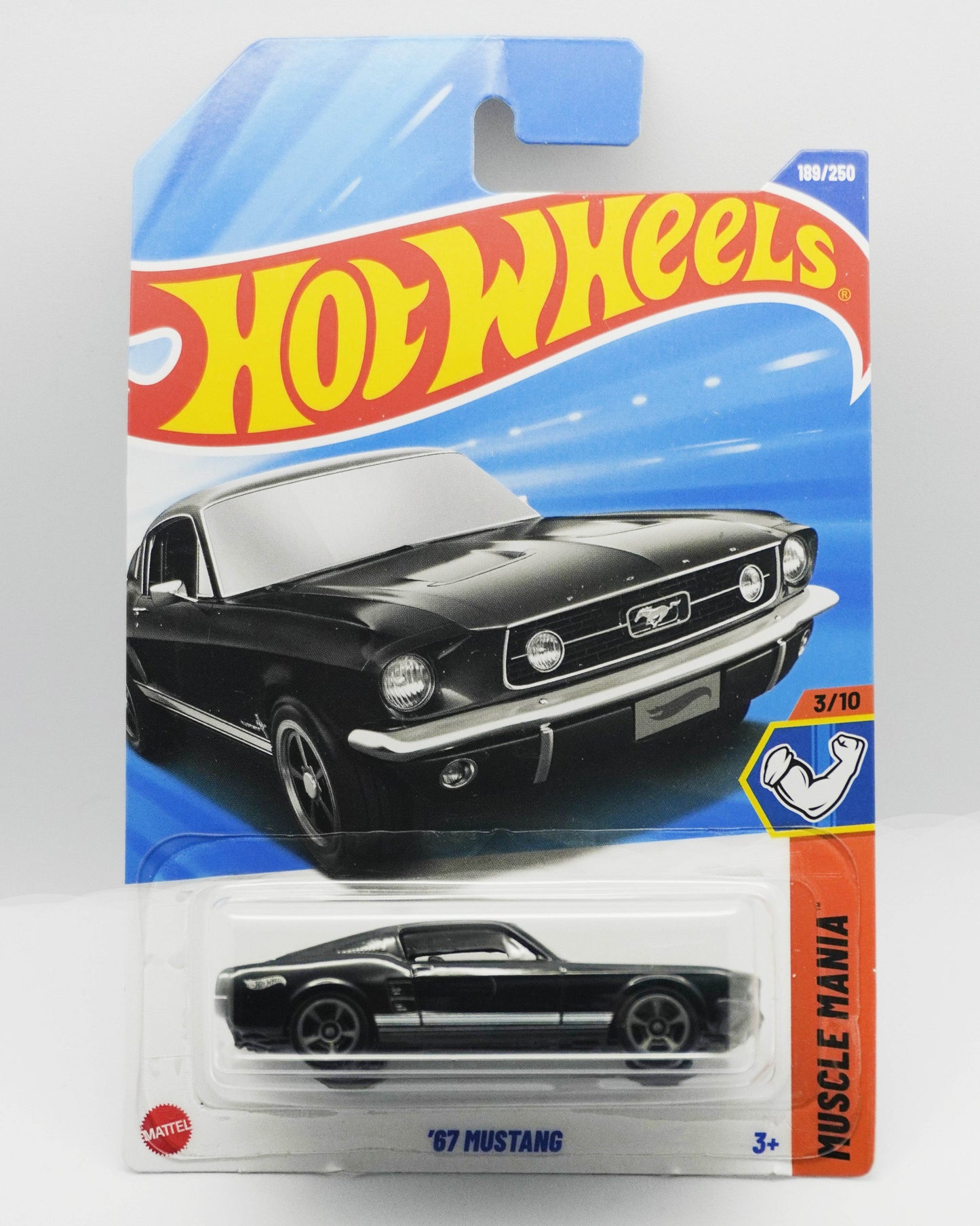 Hot Wheels '67 Mustang toy car in packaging on a white background