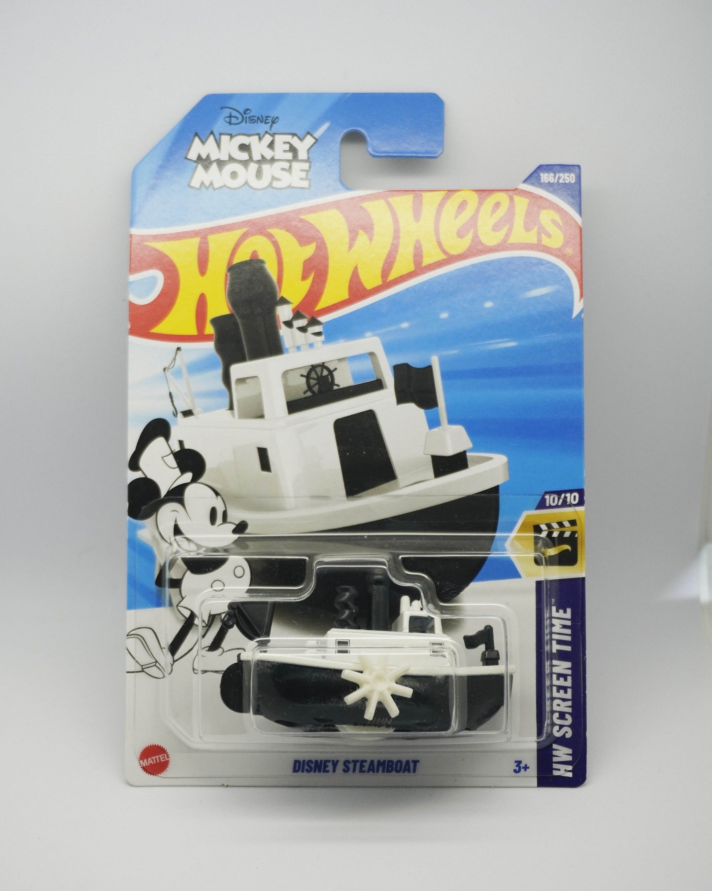 Hot Wheels Disney Steamboat Willie toy car in packaging on a white background