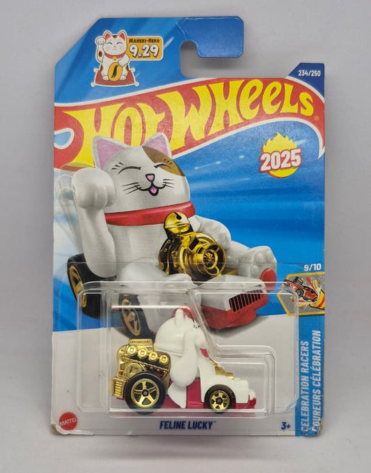 Hot Wheels figure in packaging with a cat design on a gray background
