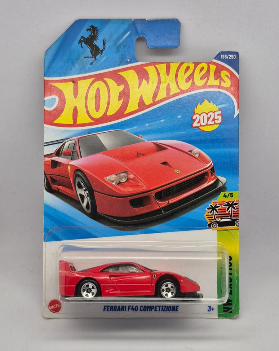 Hot Wheels Ferrari F40 Competizione toy car in packaging on a gray background