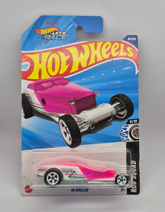 Hot Wheels toy car in packaging with a pink and white car design.