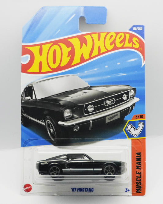 Hot Wheels '67 Mustang toy car in packaging on a white background
