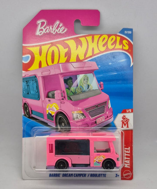 Hot Wheels Barbie Dream Camper toy car in packaging on a gray background