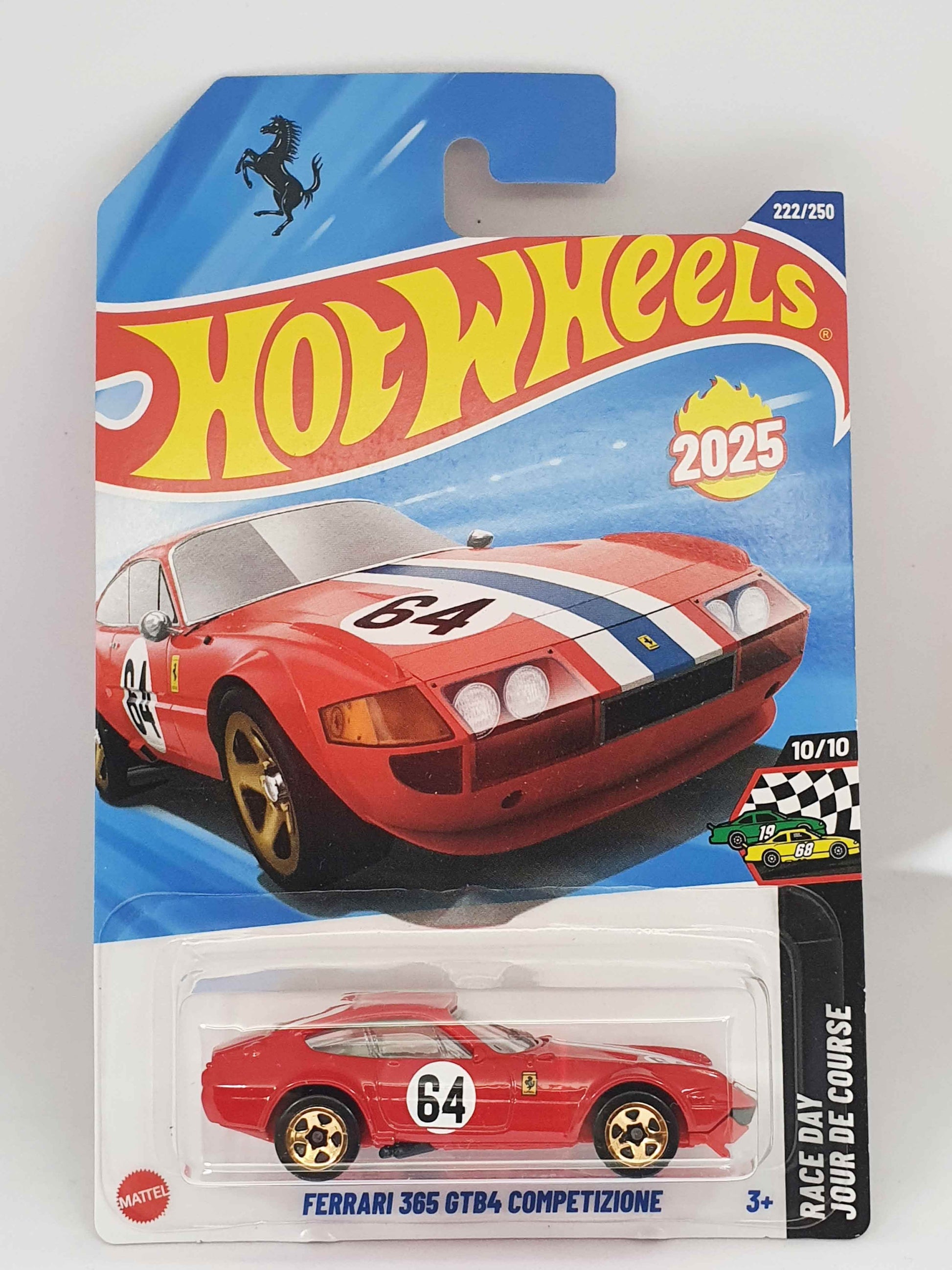 Hot Wheels Ferrari 365 GTB/4 Competizione toy car in packaging with Ferrari logo.