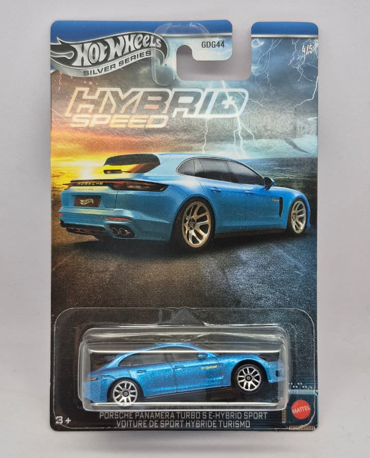 Hot Wheels Porsche Panamera Turbo S Hybrid Sport Turismo model car in packaging on a gray background