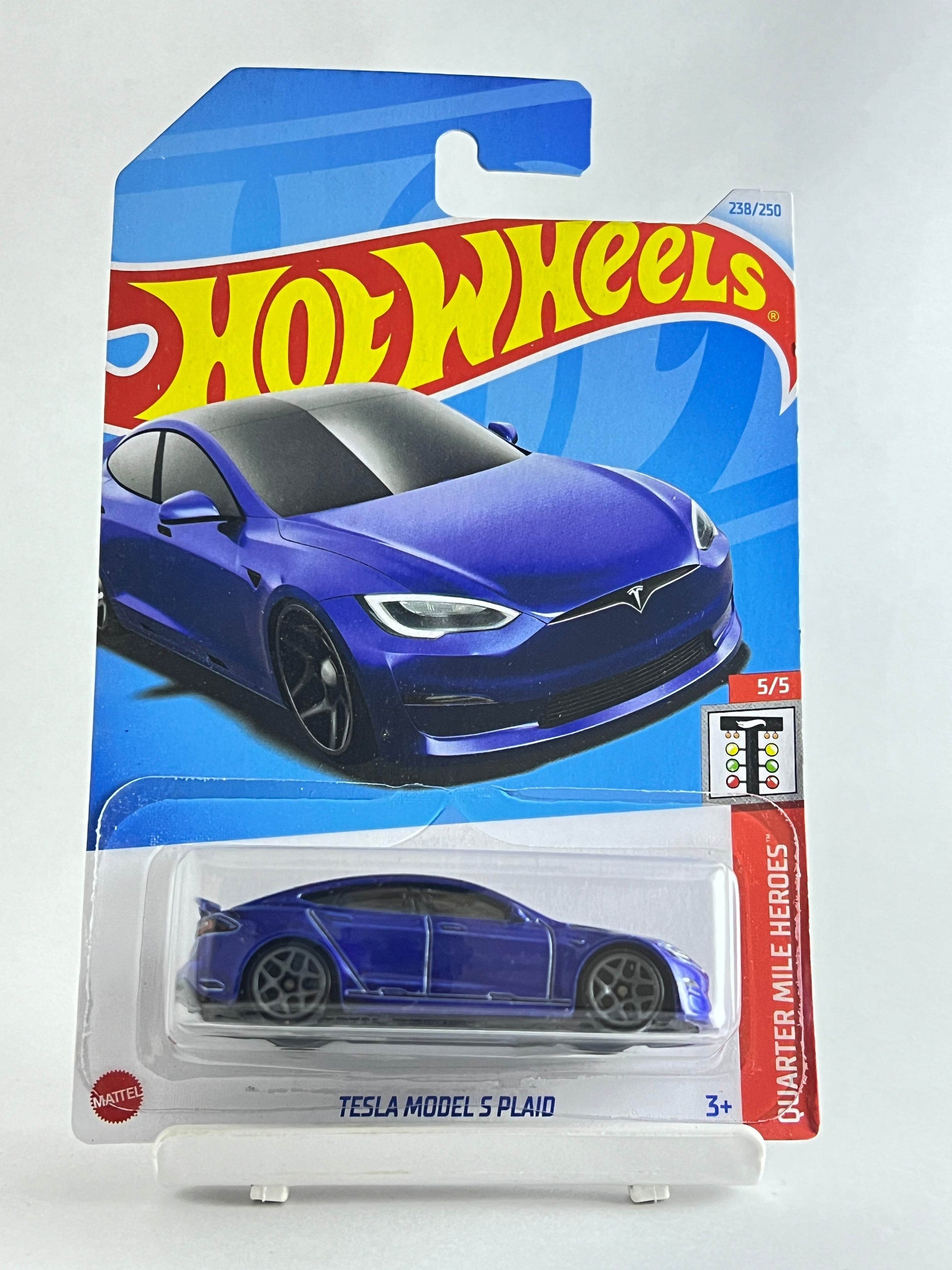 Hot Wheels Tesla Model S Plaid toy car in packaging on a white background